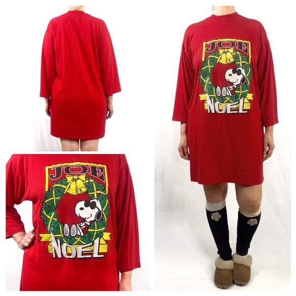 🎄Vintage 90s Oversized Peanuts Snoopy Joe Cool Christmas Sleep Shirt - Picture 2 of 10